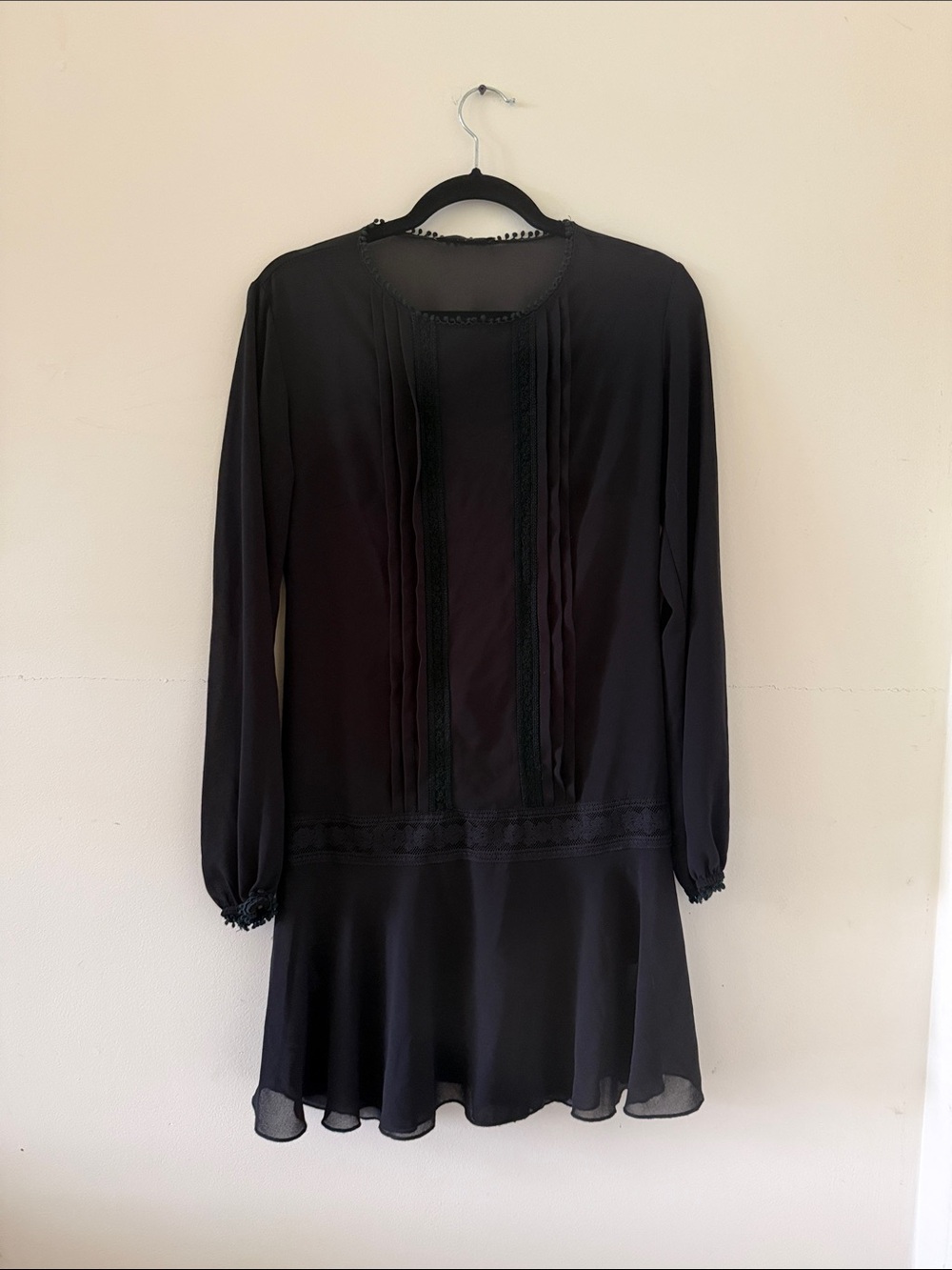 Black Sheer Long Sleeve Drop-Waist Dress with lace panel